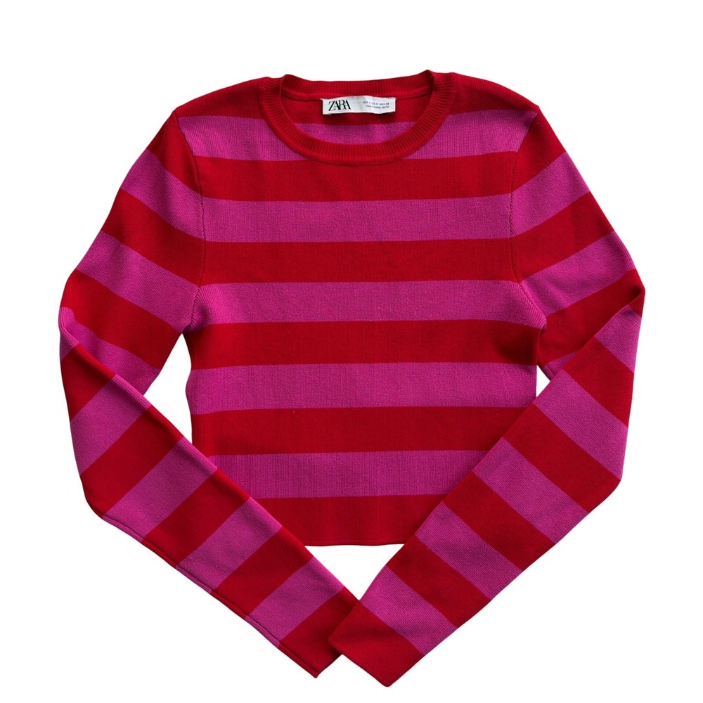 Zara Striped Cropped Sweater Women Size M Red Pink Knit Long Sleeve Excellent